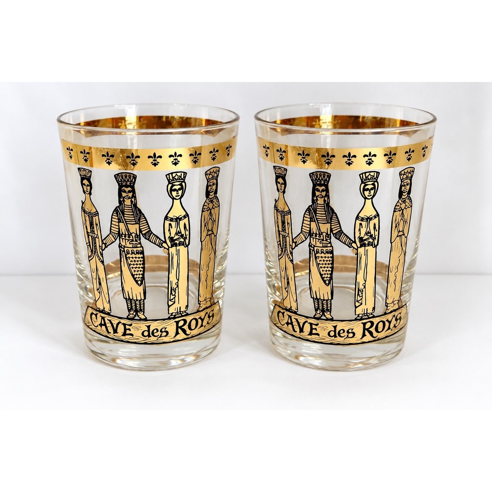 Vintage Cave des Roys Gold Fleur-de-Lis Highball Glasses Set of 2 MCM Barware